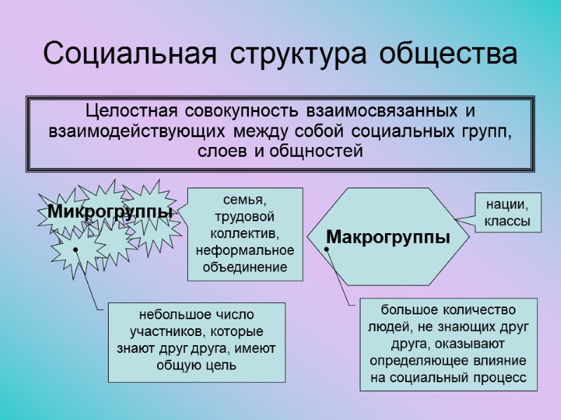 Социальная структура общества Целостная совокупность взаимосвязанных и взаимодействующих между собой социальных групп, слоев и